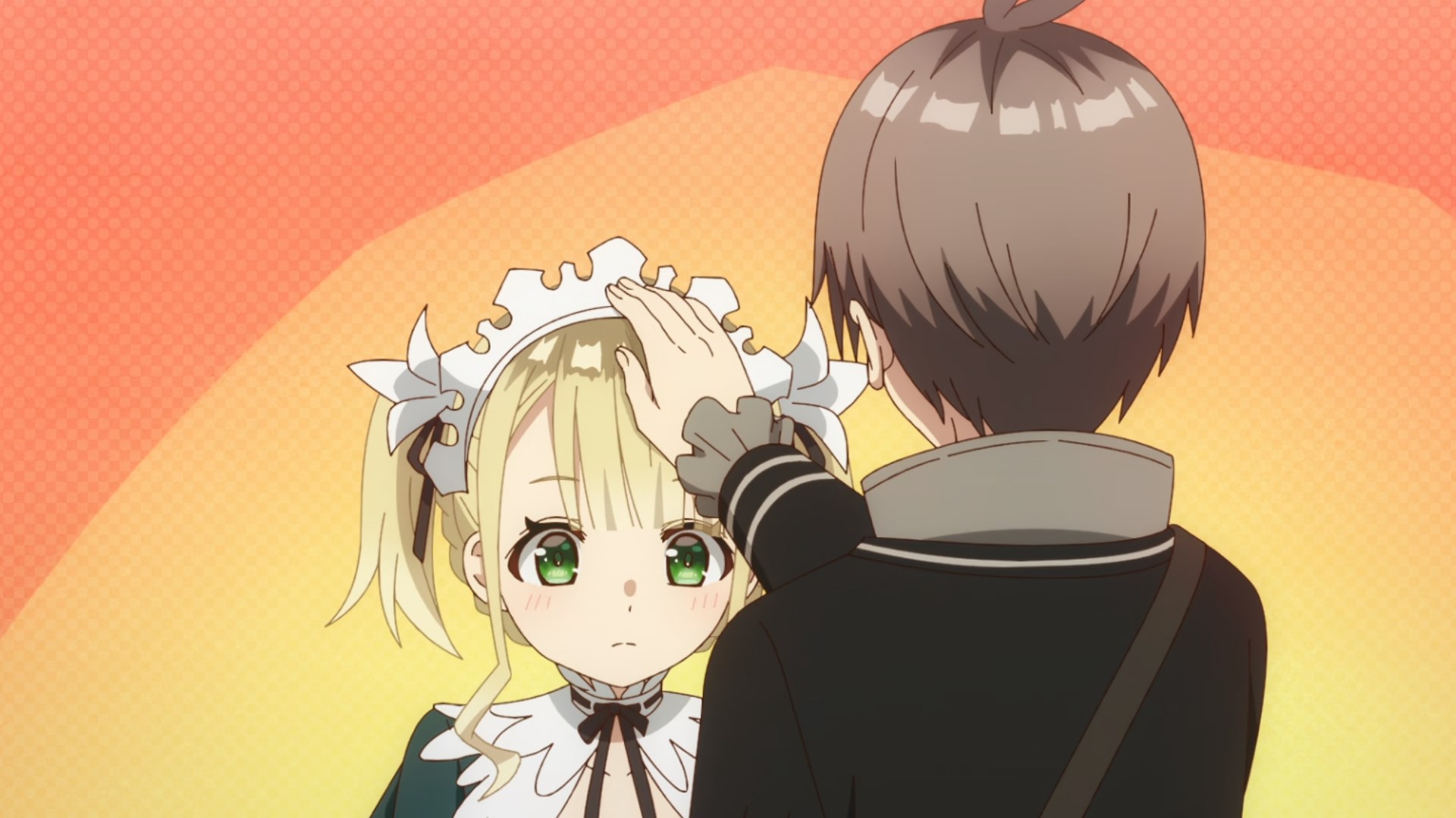 A short, blond maid has her head patted by a bland brown haired boy